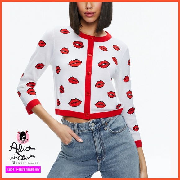 Alice + Olivia Daroda Kiss Crewneck Cropped Cardigan Sweater - Picture 1 of 13